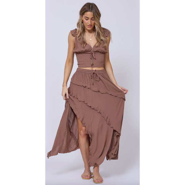 The Delano Mocha Crinkle Two Piece Crop Top and Maxi Skirt Set