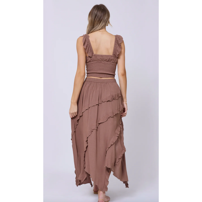 The Delano Mocha Crinkle Two Piece Crop Top and Maxi Skirt Set