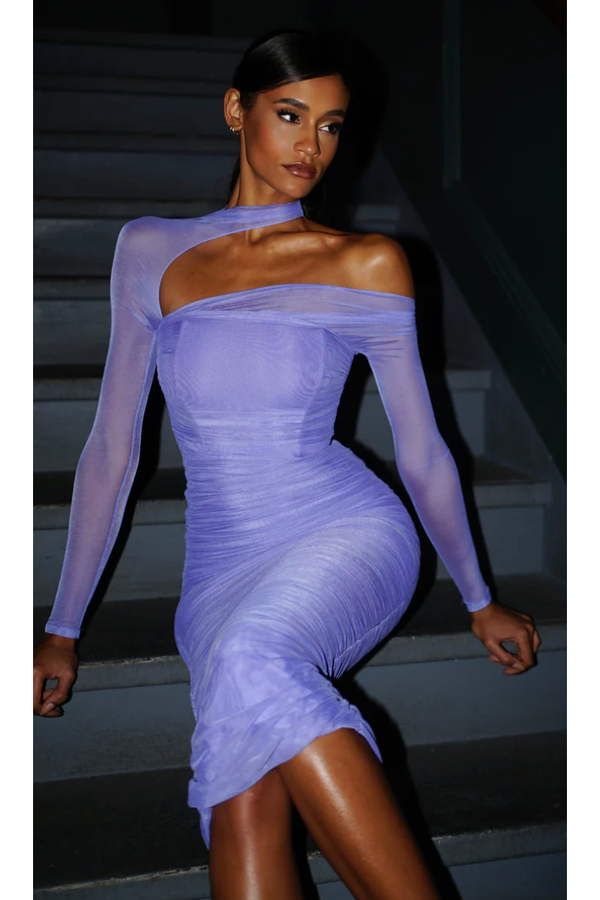 The Paulina Periwinkle Ruched Bodycon Midi Dress