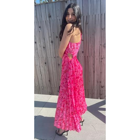 The Alexis Hot Pink Floral One Shoulder Pleated Midi Dress