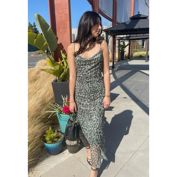 The Dara  Moss Green Leopard Print Mesh Maxi Dress