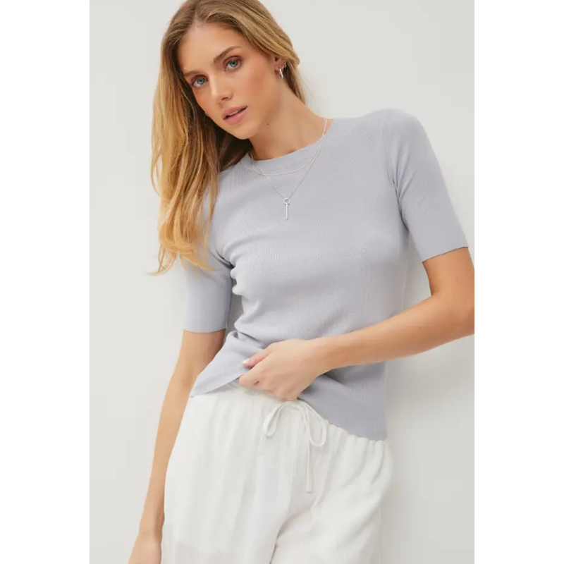 The Alex Dusty Blue Half Sleeve Ribbed Knit Top