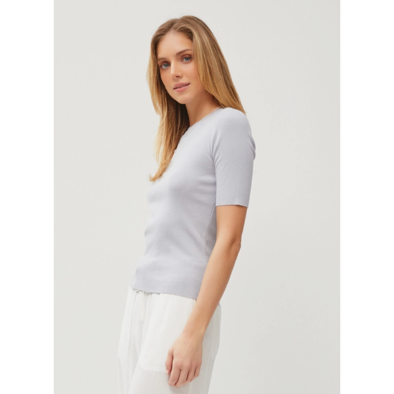 The Alex Dusty Blue Half Sleeve Ribbed Knit Top