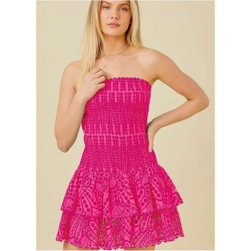 The Avery Fuchsia Strapless Eyelet Ruffle Mini Dress