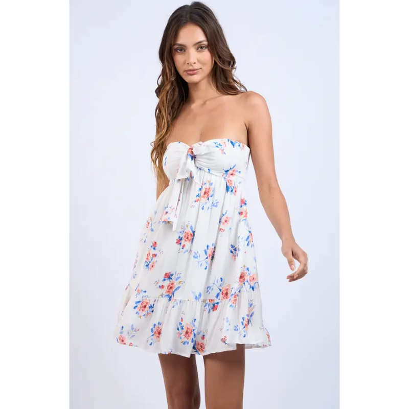 The Jenna Floral Strapless Tie Front Mini Dress