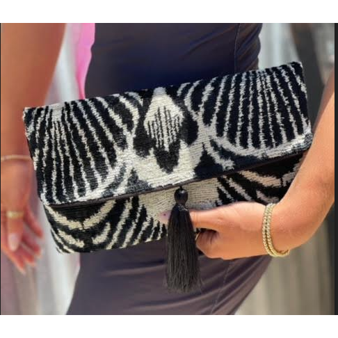 The Indah Black/White  Silk Velvet Clutch