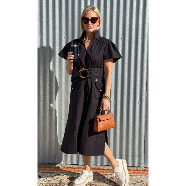 The Arden Black Stand Collar Belted Shirt Dress