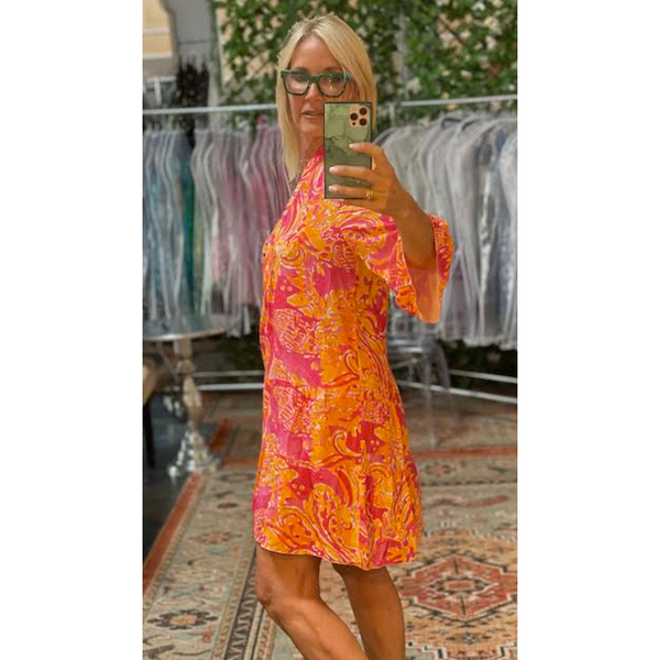 The Miami Orange/Hot Pink Print Mini Dress