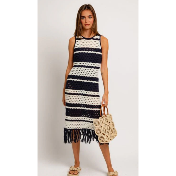 The Beachcomber Navy/White Stripe Crochet Cover Up Dress