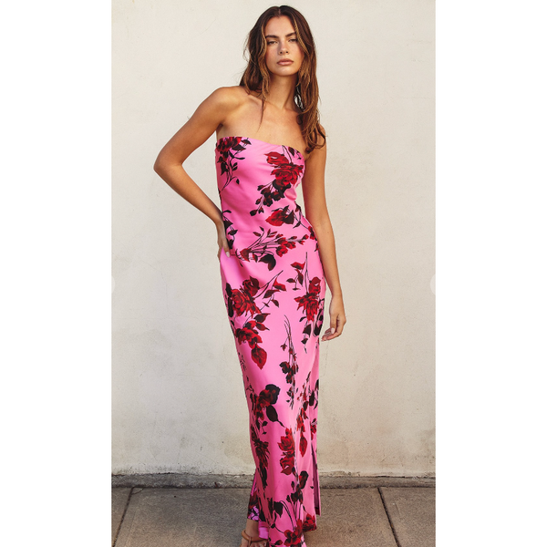 The Justine Pink Floral Strapless Satin Column Maxi Dress