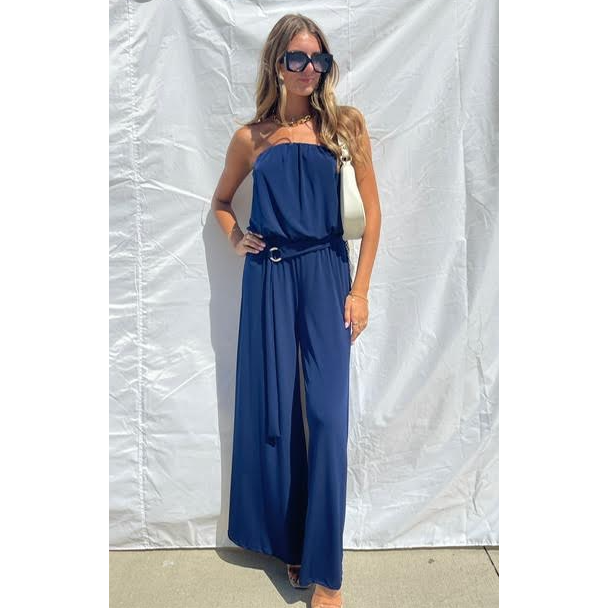 The Angie Navy Strapless Wide Leg  Belted Jumpsuit