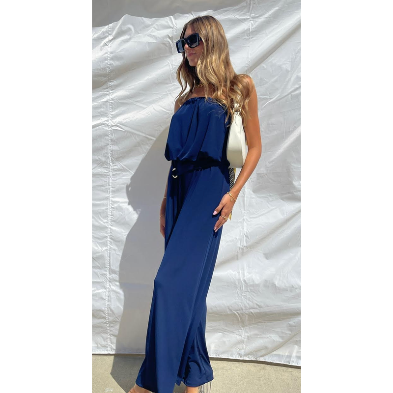 The Angie Navy Strapless Wide Leg  Belted Jumpsuit