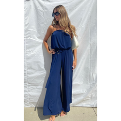 The Angie Navy Strapless Wide Leg  Belted Jumpsuit