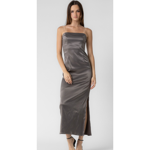 The Sloane Smoke Strapless Satin Column Maxi Dress