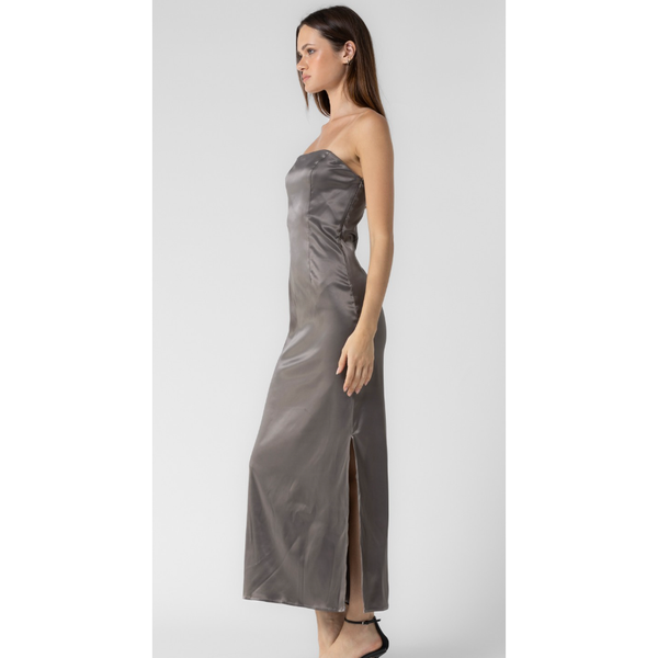 The Sloane Smoke Strapless Satin Column Maxi Dress