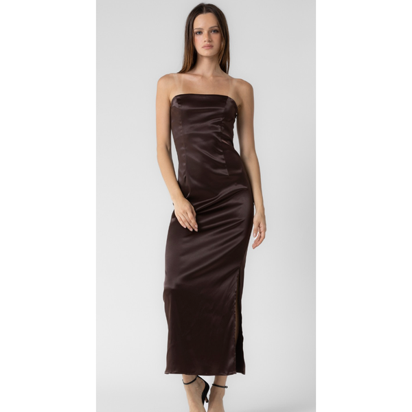 The Sloane Chocolate  Strapless Satin Column Maxi Dress