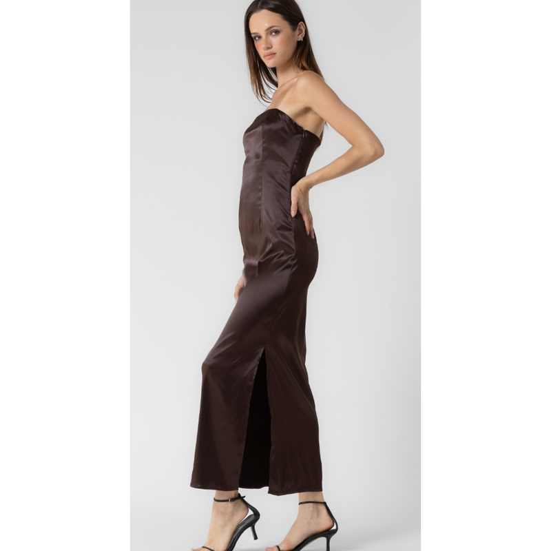 The Sloane Chocolate  Strapless Satin Column Maxi Dress