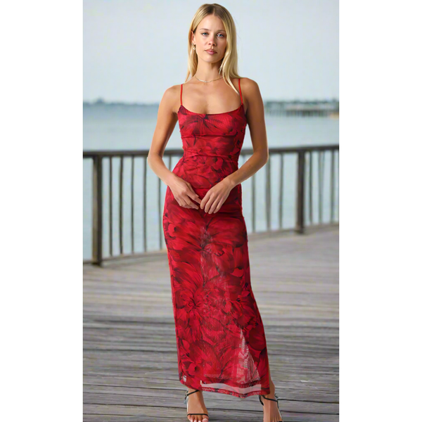 The Gabriella Burgundy Floral Mesh Column Dress