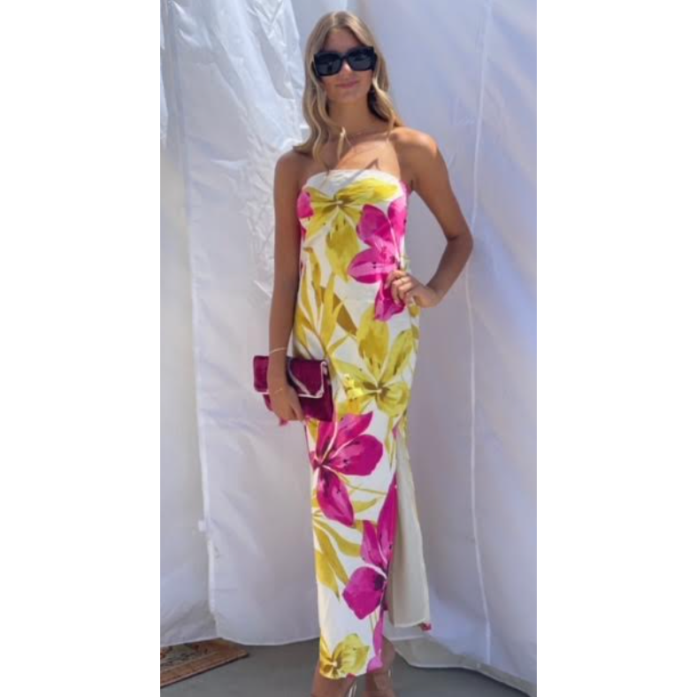 The Catalina Strapless Pink/Yellow Floral Satin Column Maxi Dress