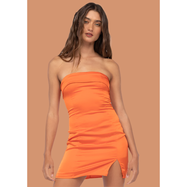 The Sawyer Orange Strapless Satin Mini Dress