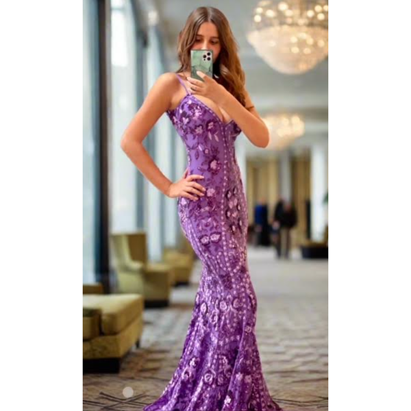 The Jovani Purple Fitted Sequin Embellished Gown