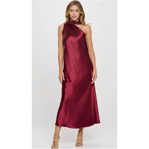 The Seema Burgundy Satin One Shoulder Scarf Maxi Dress