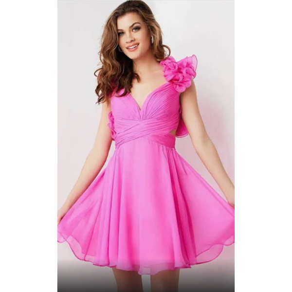 The Jovani 26139 Hot Pink Chiffon Ruffle Shoulder Short Formal Dress