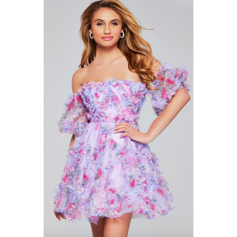 The Jovani 40330 Lilac Floral Chiffon Short Formal Dress