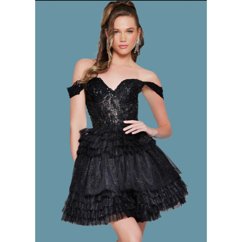 The Jovani 40612 Black Off Shoulder Corset Short Formal Dress