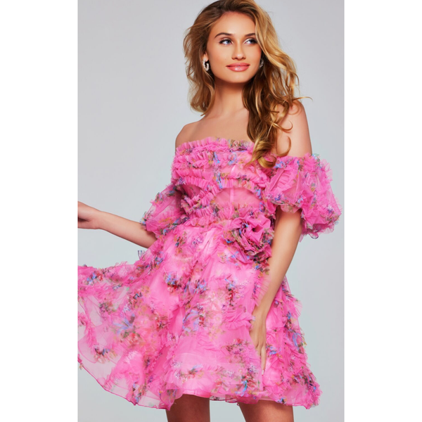 The Jovani 42573 Hot Pink Floral Chiffon Short Formal Dress