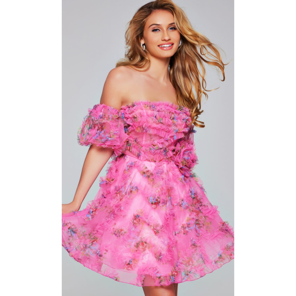 The Jovani 42573 Hot Pink Floral Chiffon Short Formal Dress