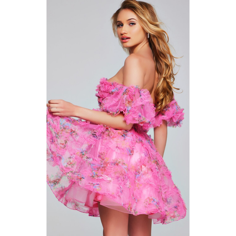 The Jovani 42573 Hot Pink Floral Chiffon Short Formal Dress