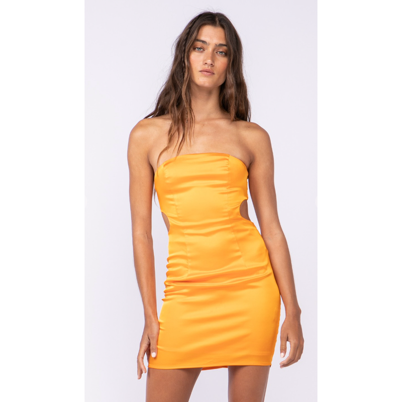 The Lyla Yellow Satin Strapless Cutout Ruched Mini Dress