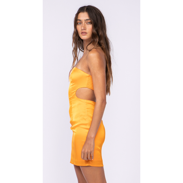 The Lyla Yellow Satin Strapless Cutout Ruched Mini Dress