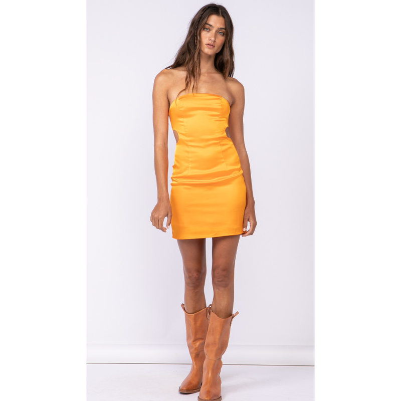 The Lyla Yellow Satin Strapless Cutout Ruched Mini Dress