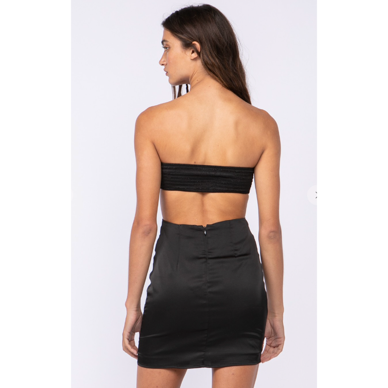 The Lyla Black Satin Strapless Cutout Ruched Mini Dress