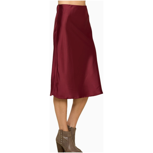 The Mary Burgundy Satin Midi Skirt