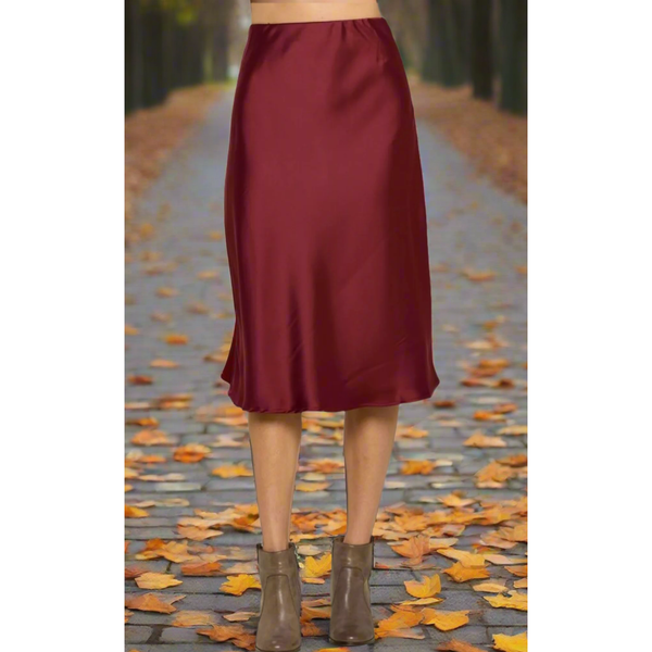 The Mary Burgundy Satin Midi Skirt