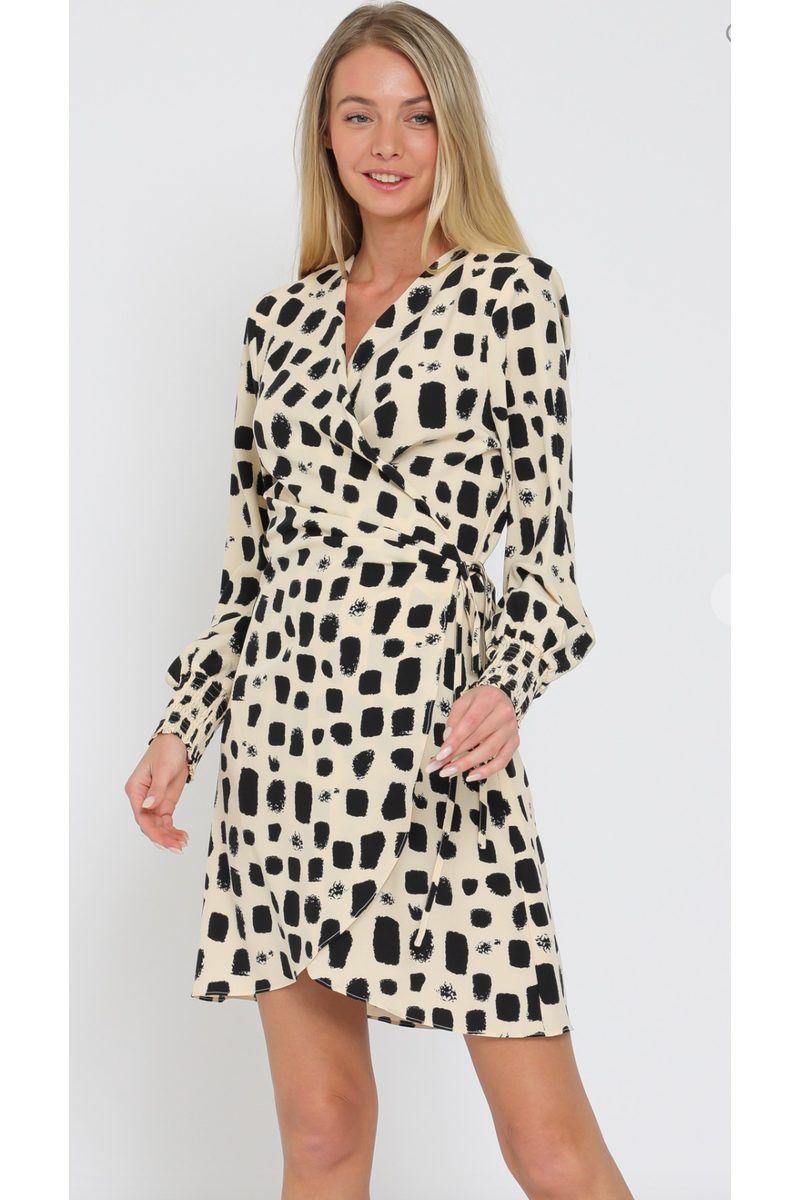 black and cream wrap dress Sienna Cream & Black Print Long Sleeve Belted Wrap Midi