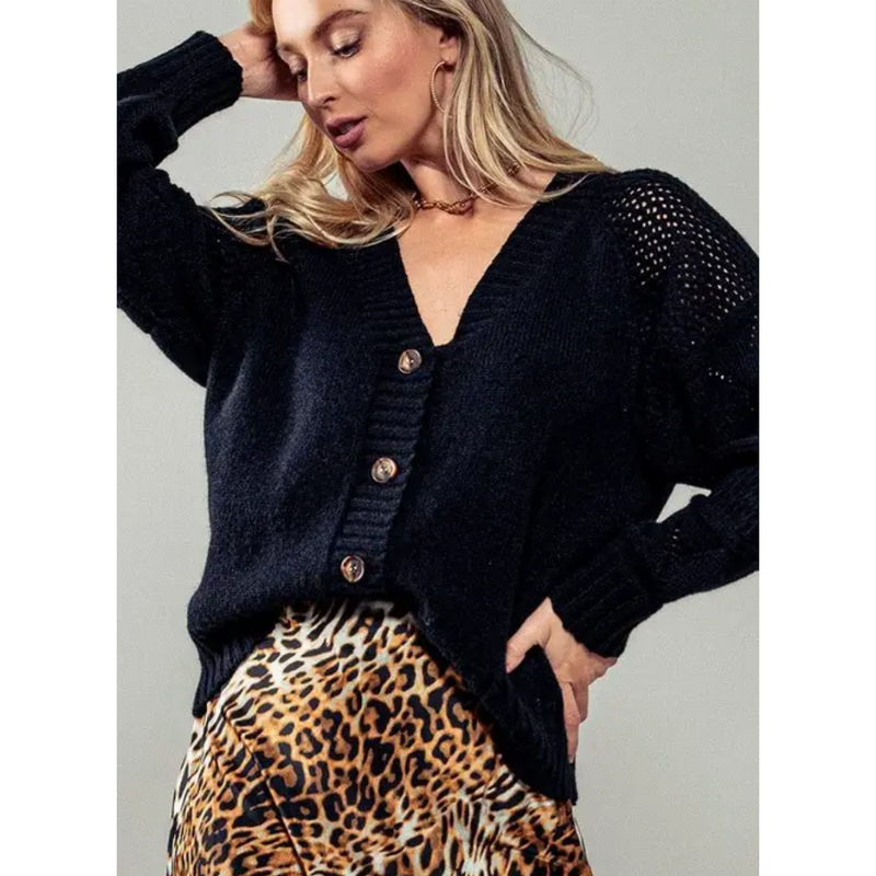 The Mystic Black Sleeve Cable Knit Cardigan Sweater