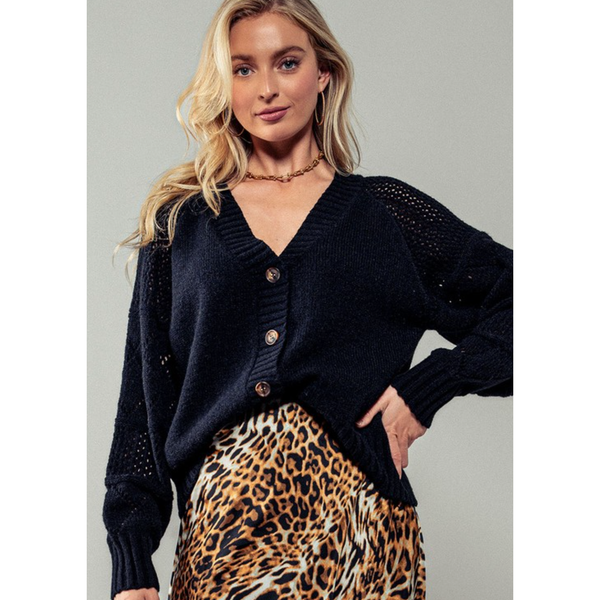 The Mystic Black Sleeve Cable Knit Cardigan Sweater