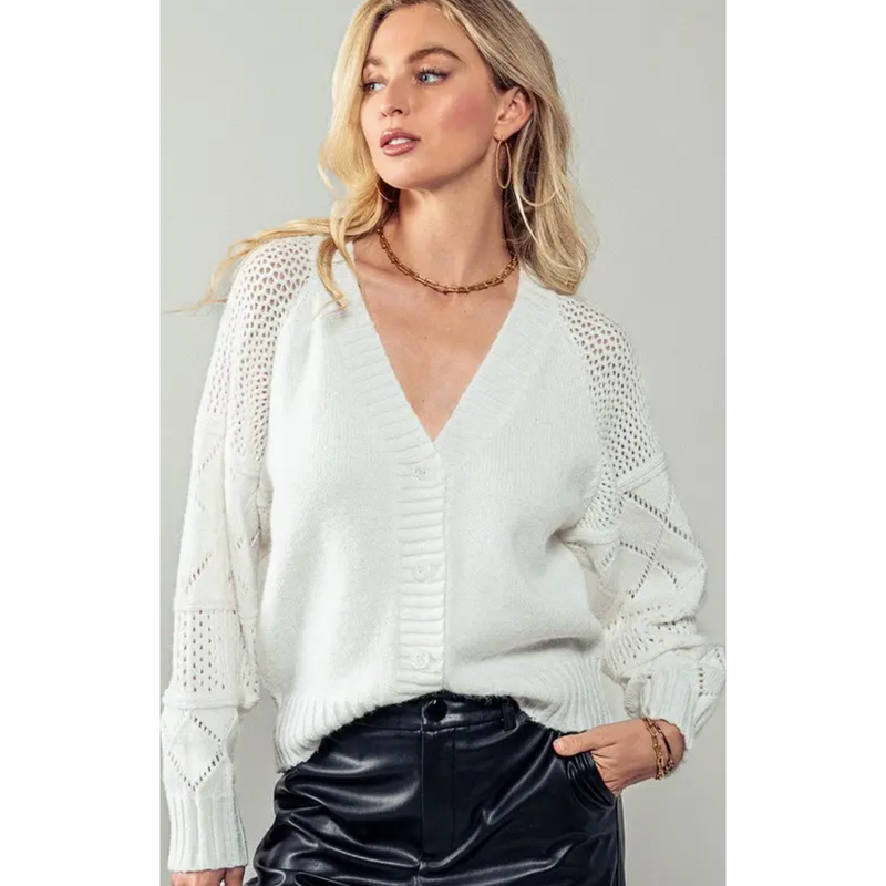 The Mystic White Sleeve Cable Knit Cropped Cardigan Sweater