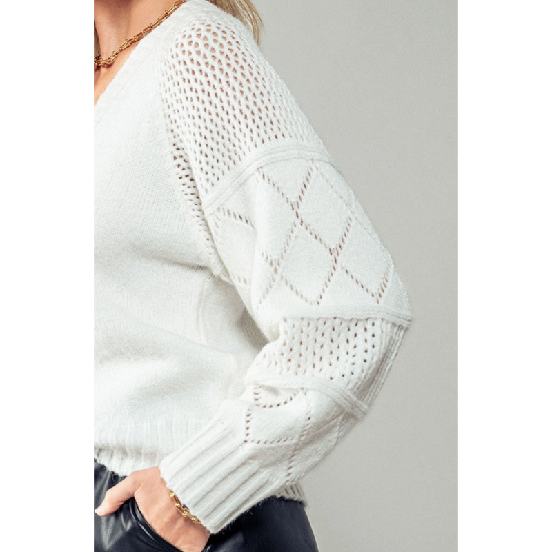 The Mystic White Sleeve Cable Knit Cropped Cardigan Sweater