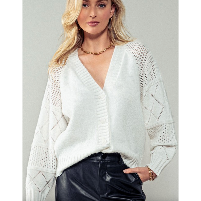 The Mystic White Sleeve Cable Knit Cropped Cardigan Sweater