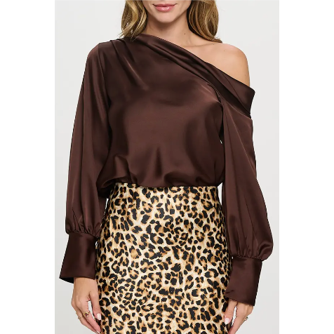 The Allure Brown Satin Off The Shoulder Top