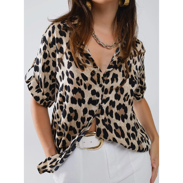 The Tracy Leopard Print Roll Tab Sleeve Top