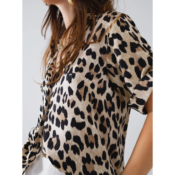 The Tracy Leopard Print Roll Tab Sleeve Top