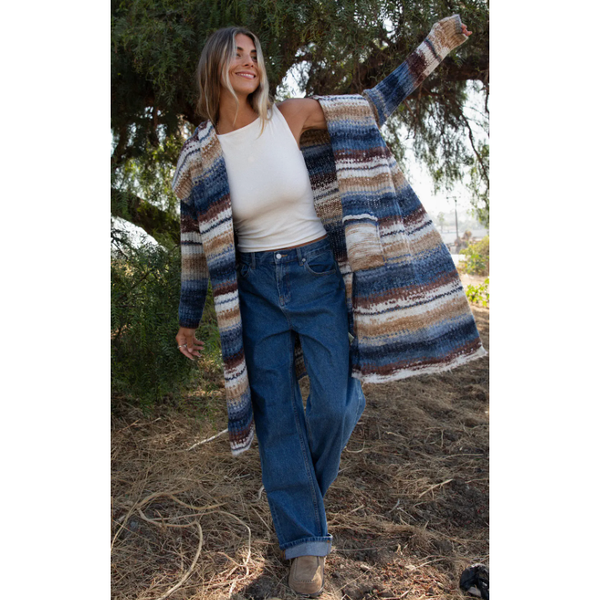 The Space Dye Navy/Taupe Stripe Long Cardigan