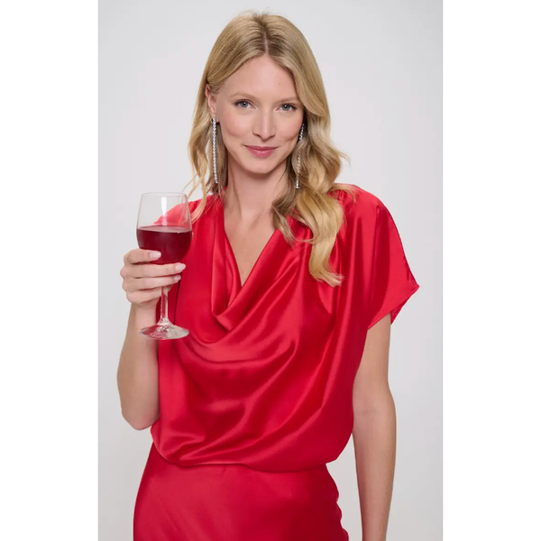 The Merry Red Satin Cowl Neck Satin Top