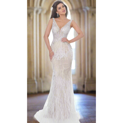 The Jovani Gray Sheer Embellished Bodice Feather Gown